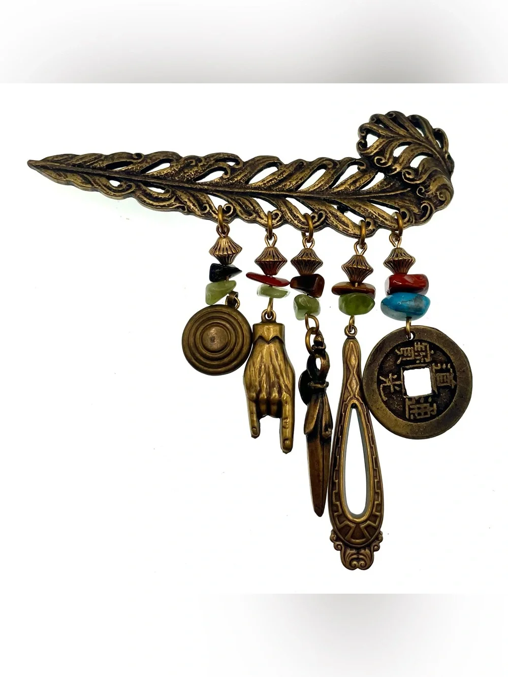 Vintage Upcycled Brass Feather Brooch Genuine Gemstone Dangles Asian Inspired